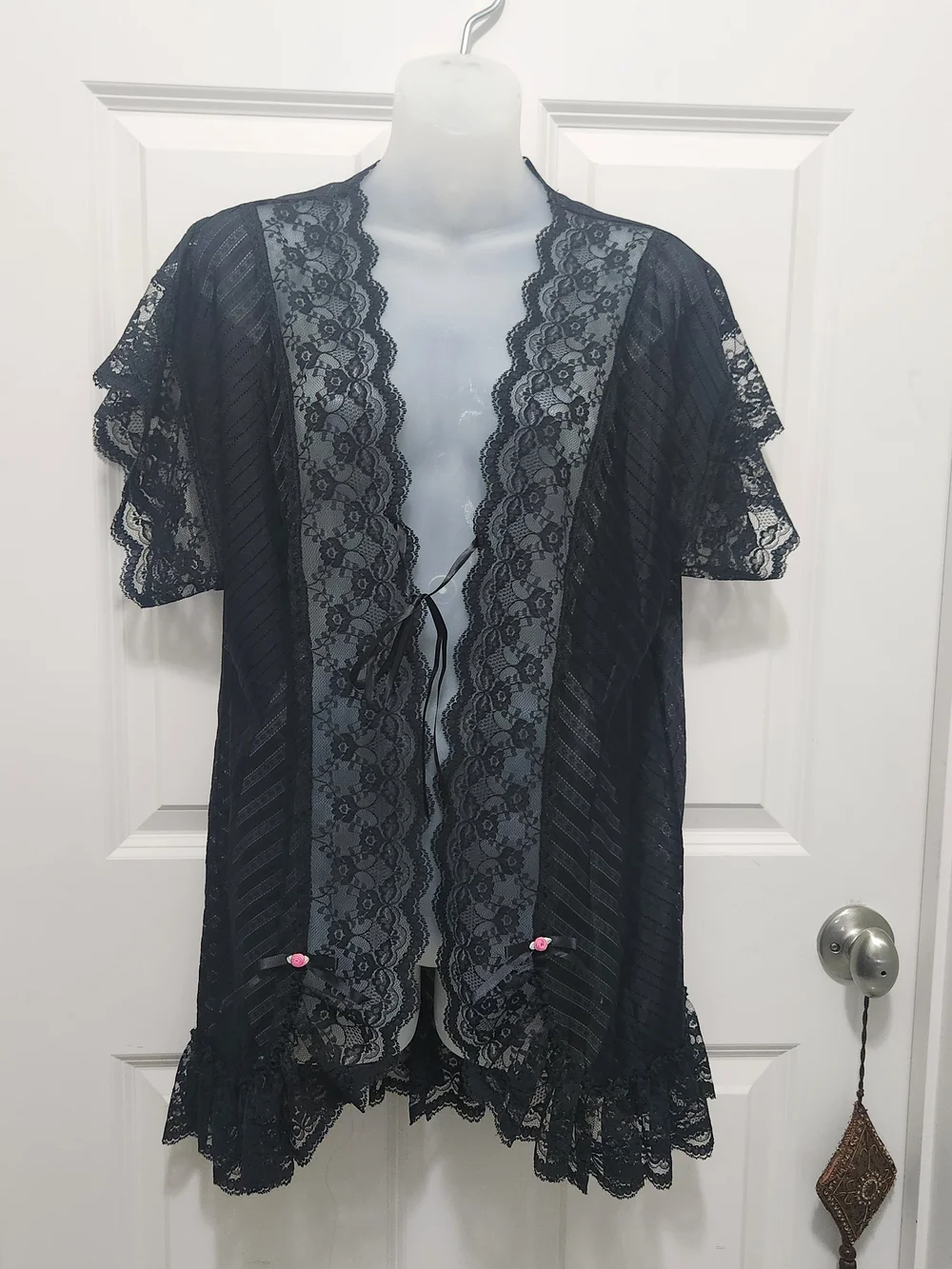Elegant Black Lace Kimono Robe with Tie-Front